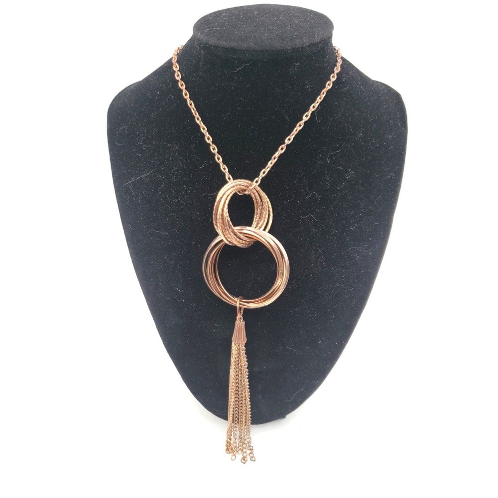 Vintage Rose Gold Tone Circle Tassel Necklace Modernist Statement Pendant